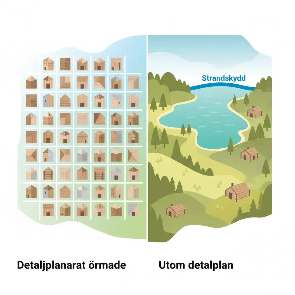 Karta som illustrerar skillnaden mellan detaljplan och strandskydd.